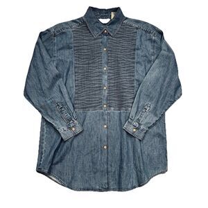 J Jill Denim Shirt Top Size S Small Blue Button Down Shirring Cotton Womens